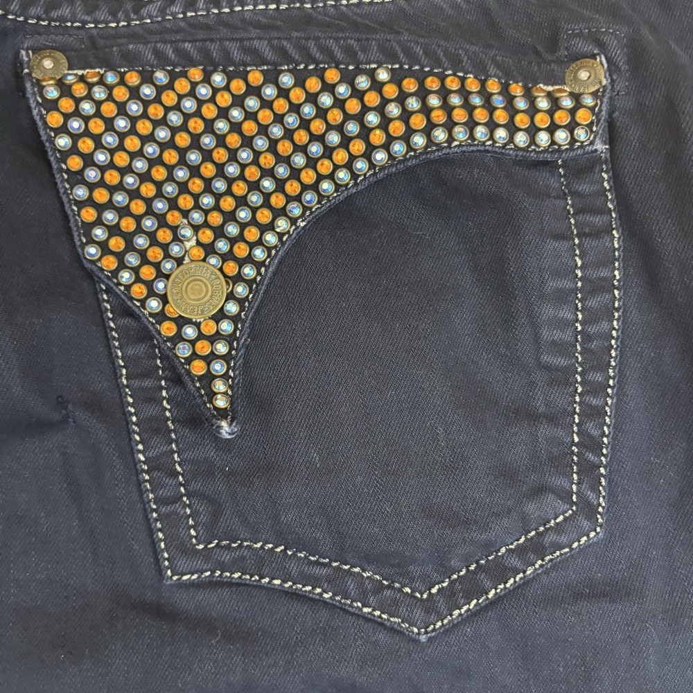 Robin's Jean Denim Shorts Mens 36 Blue Bermuda Rhinestone Back Pockets Biker - Picture 3 of 14